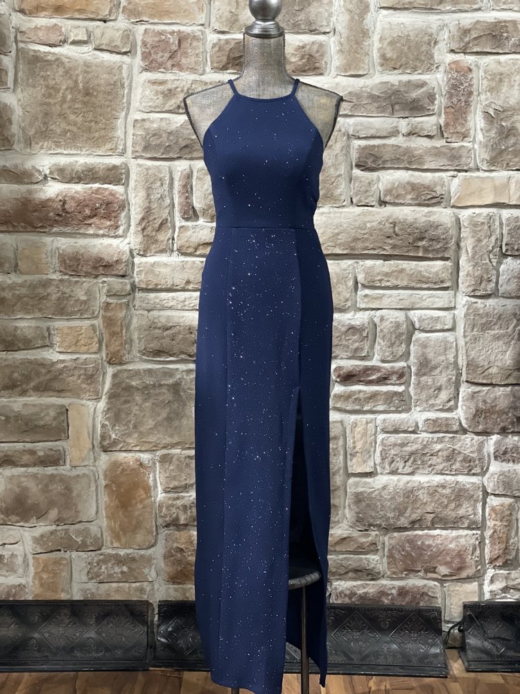 Speechless Navy Glitter Halter Lace Back Gown