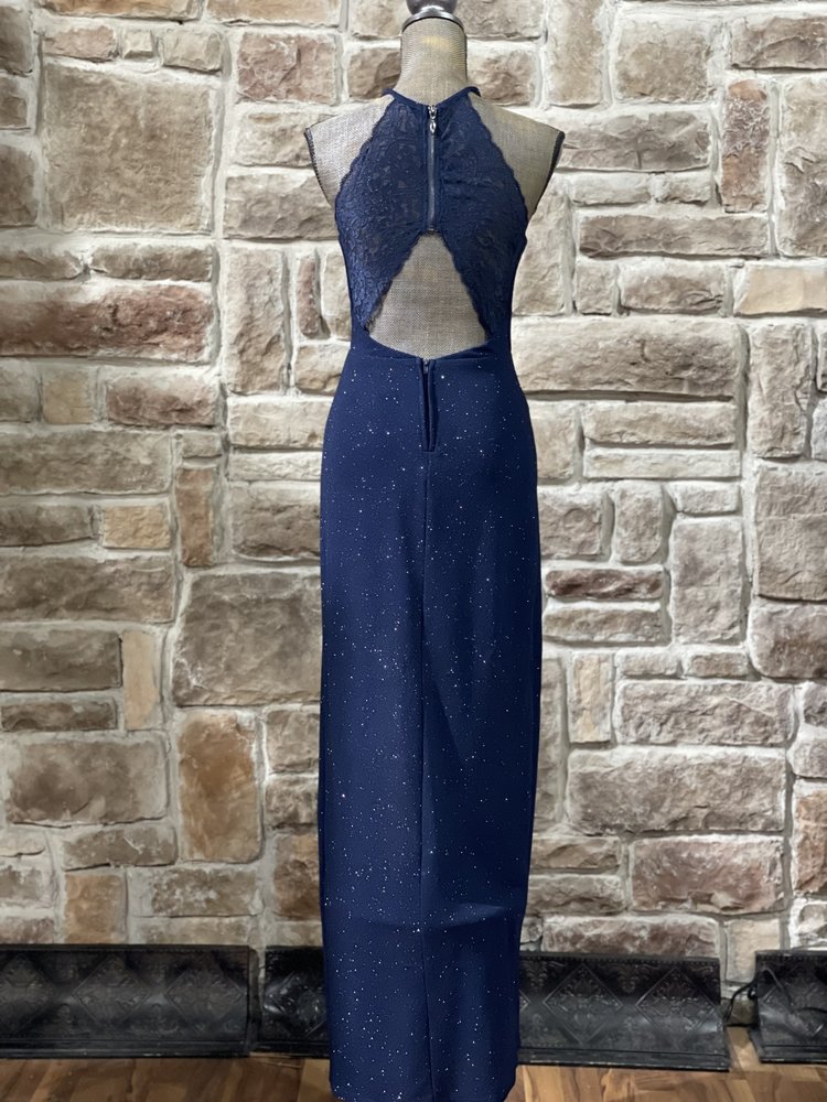 Speechless Navy Glitter Halter Lace Back Gown