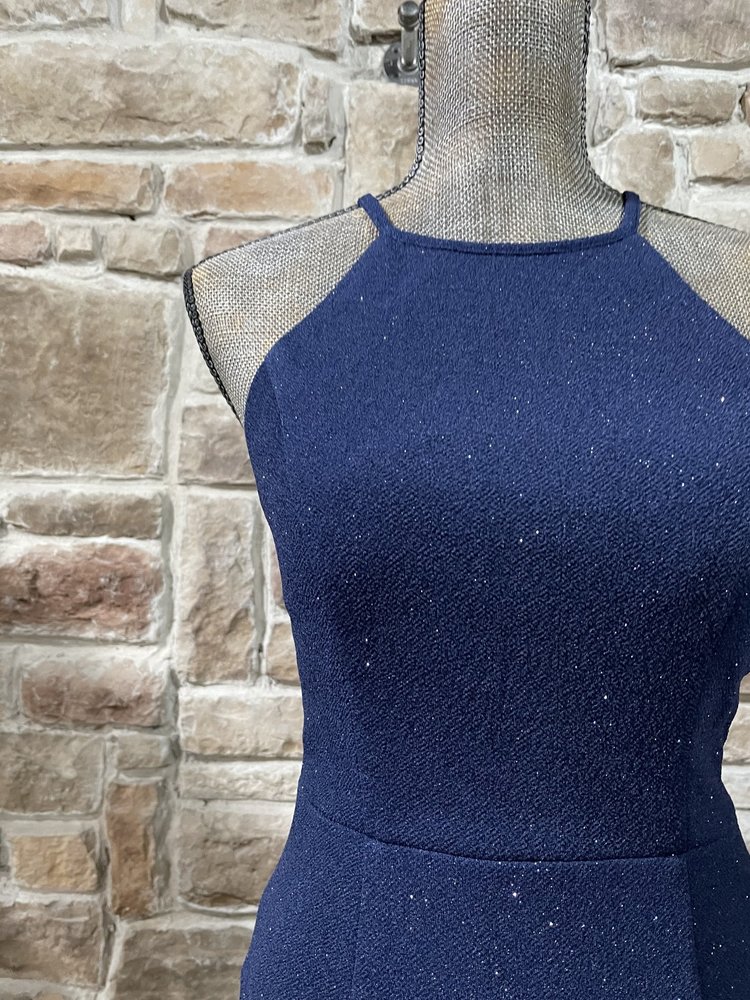Speechless Navy Glitter Halter Lace Back Gown