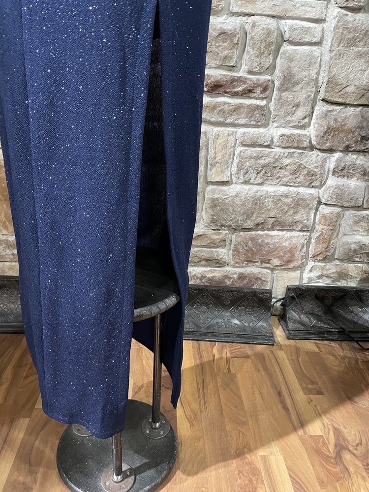 Speechless Navy Glitter Halter Lace Back Gown