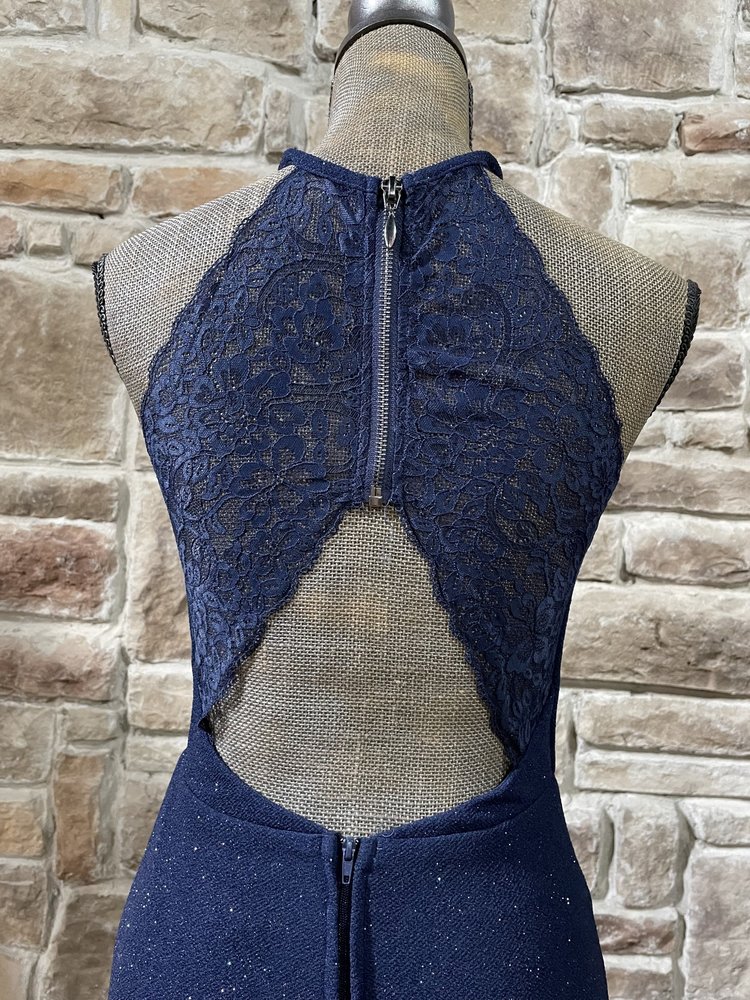Speechless Navy Glitter Halter Lace Back Gown