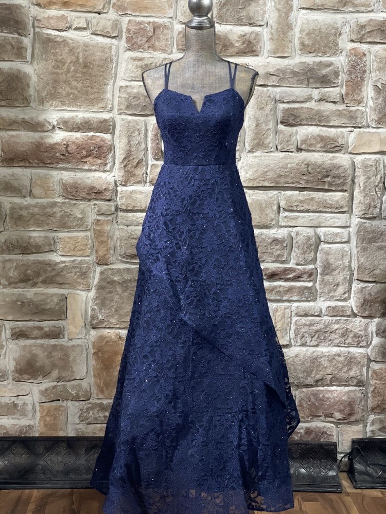 BCX Navy Glitter Lace Strappy Back Gown