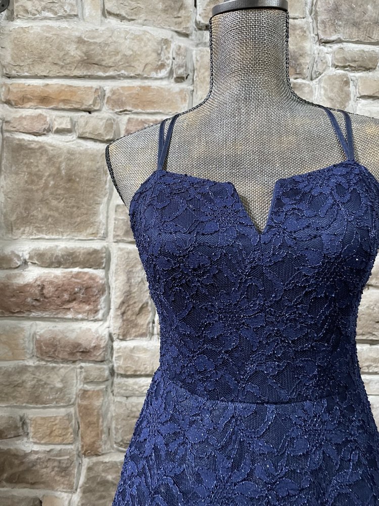 BCX Navy Glitter Lace Strappy Back Gown