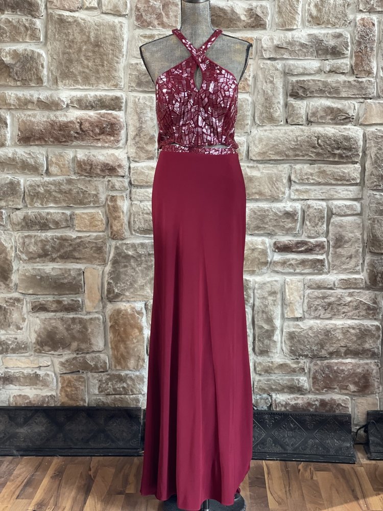 ALYCE Paris Burgundy Beaded Halter Two Piece Gown, Size 12