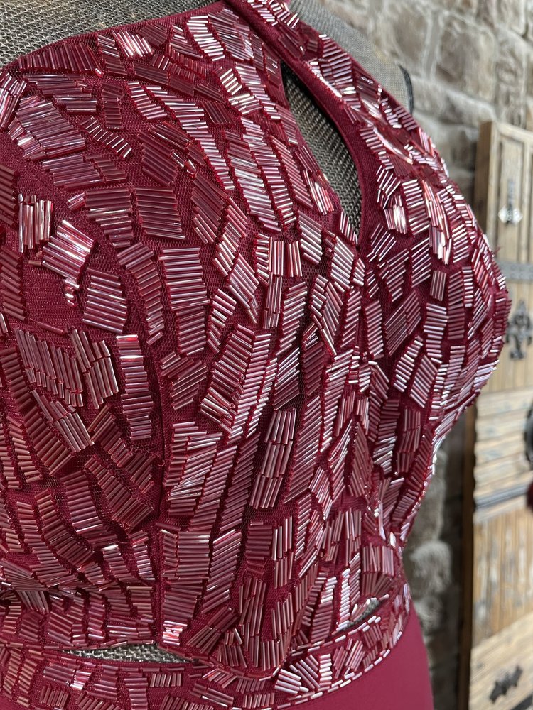 ALYCE Paris Burgundy Beaded Halter Two Piece Gown, Size 12