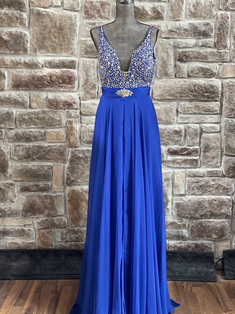 Mac Duggal Royal Blue Embellished Mesh Insert Gown, Size 12