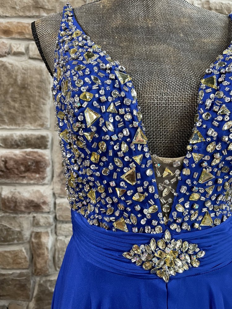 Mac Duggal Royal Blue Embellished Mesh Insert Gown, Size 12