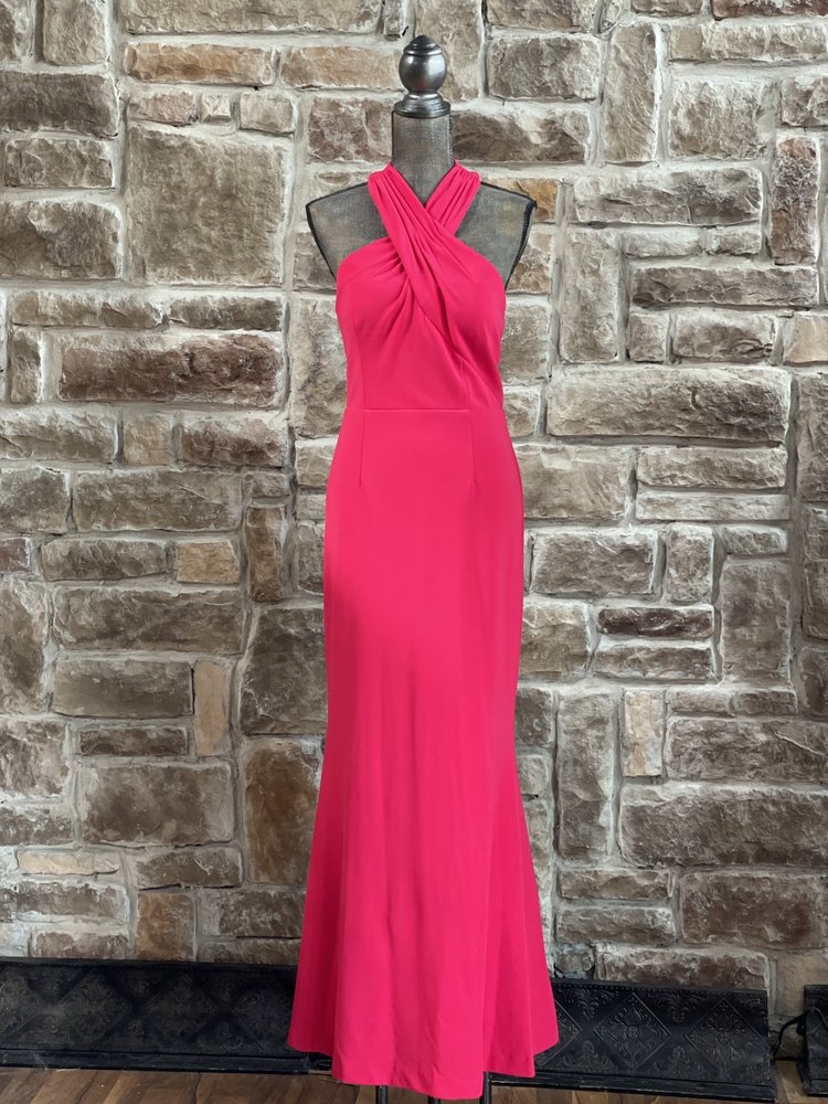 JS Collection Hot Pink Twist Halter Gown, Size 4