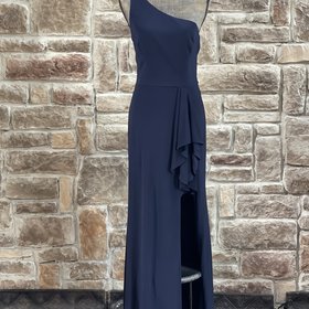 Blondie Nites Navy One-Shoulder Ruffle Slit Gown