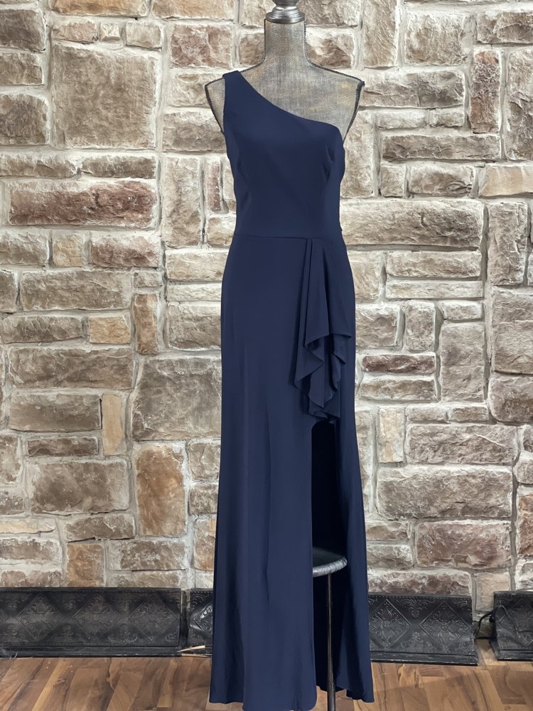 Blondie Nites Navy One-Shoulder Ruffle Slit Gown