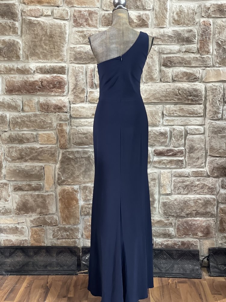 Blondie Nites Navy One-Shoulder Ruffle Slit Gown