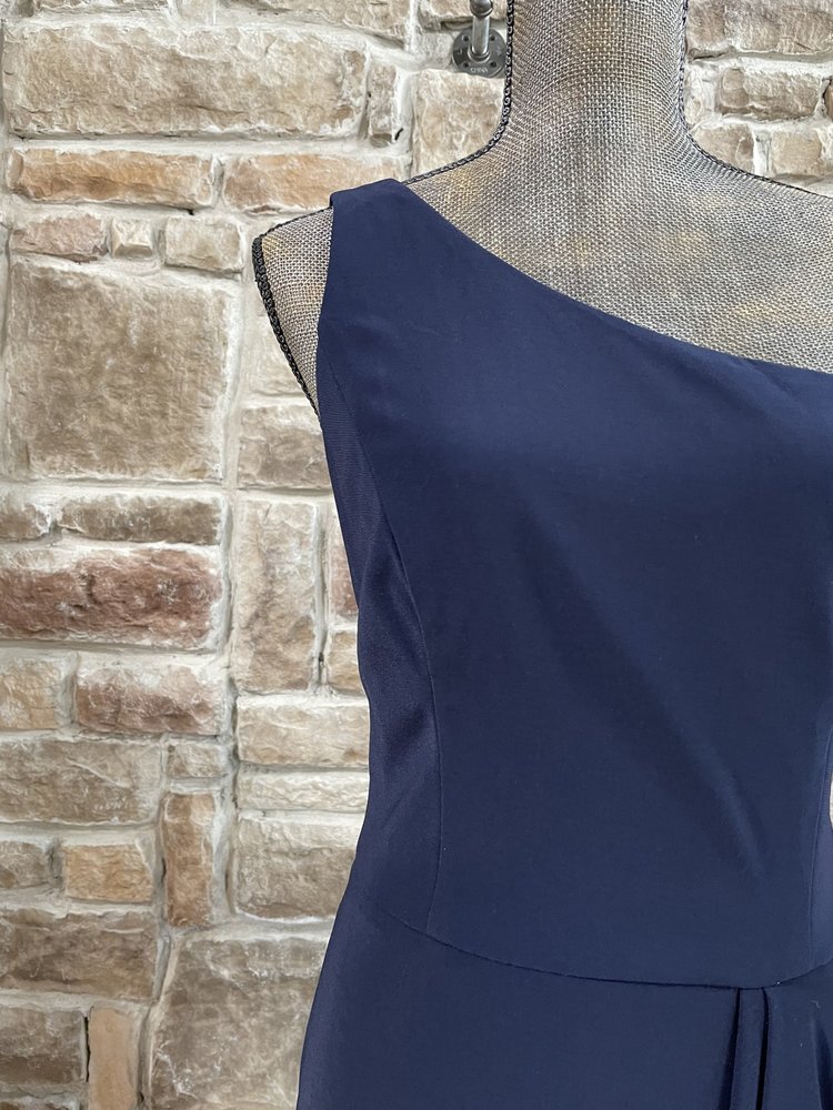 Blondie Nites Navy One-Shoulder Ruffle Slit Gown