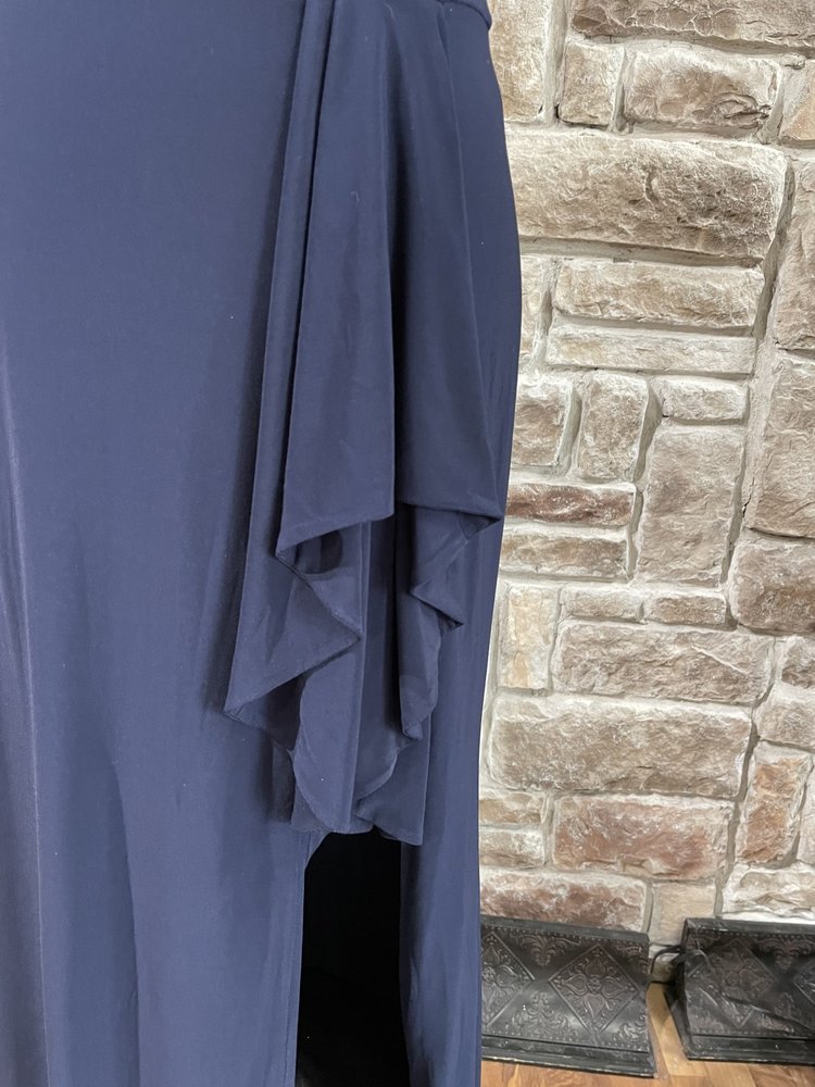 Blondie Nites Navy One-Shoulder Ruffle Slit Gown