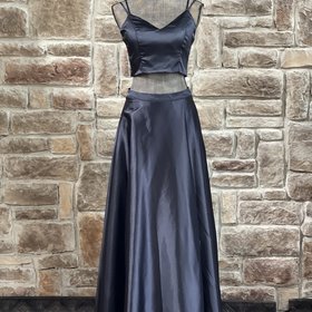 Crystal Doll Navy Satin Two Piece Gown w/ Pockets