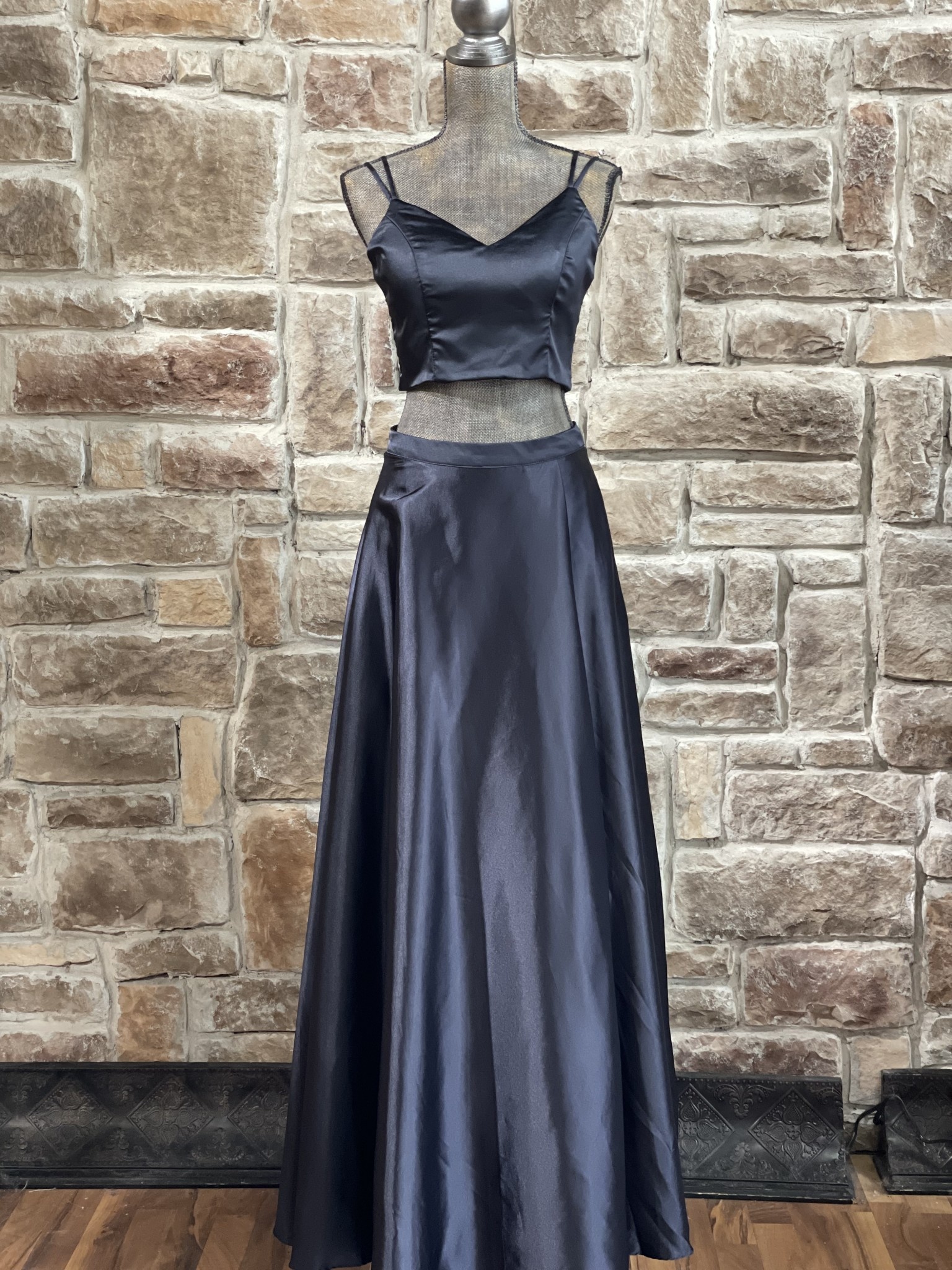 Navy Stretch Satin Faux Wrap Strapless Gown - Elements Unleashed