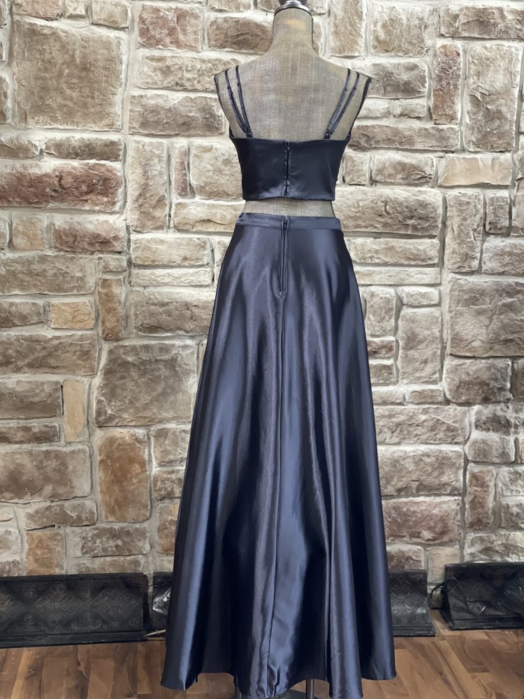 Crystal Doll Navy Satin Two Piece Gown w/ Pockets