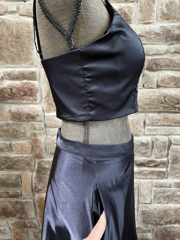 Crystal Doll Navy Satin Two Piece Gown w/ Pockets