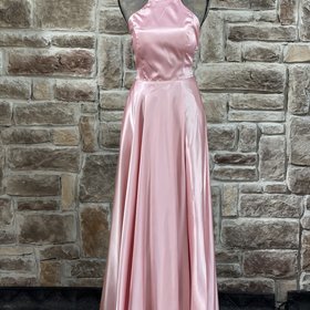 Blondie Nites PInk Satin Halter Strappy Back Gown w/ Pockets