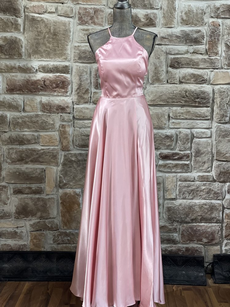 Blondie Nites PInk Satin Halter Strappy Back Gown w/ Pockets