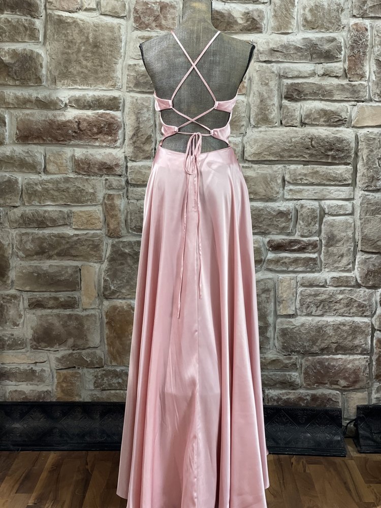 Blondie Nites PInk Satin Halter Strappy Back Gown w/ Pockets