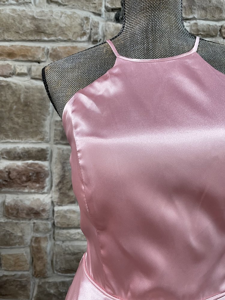 Blondie Nites PInk Satin Halter Strappy Back Gown w/ Pockets