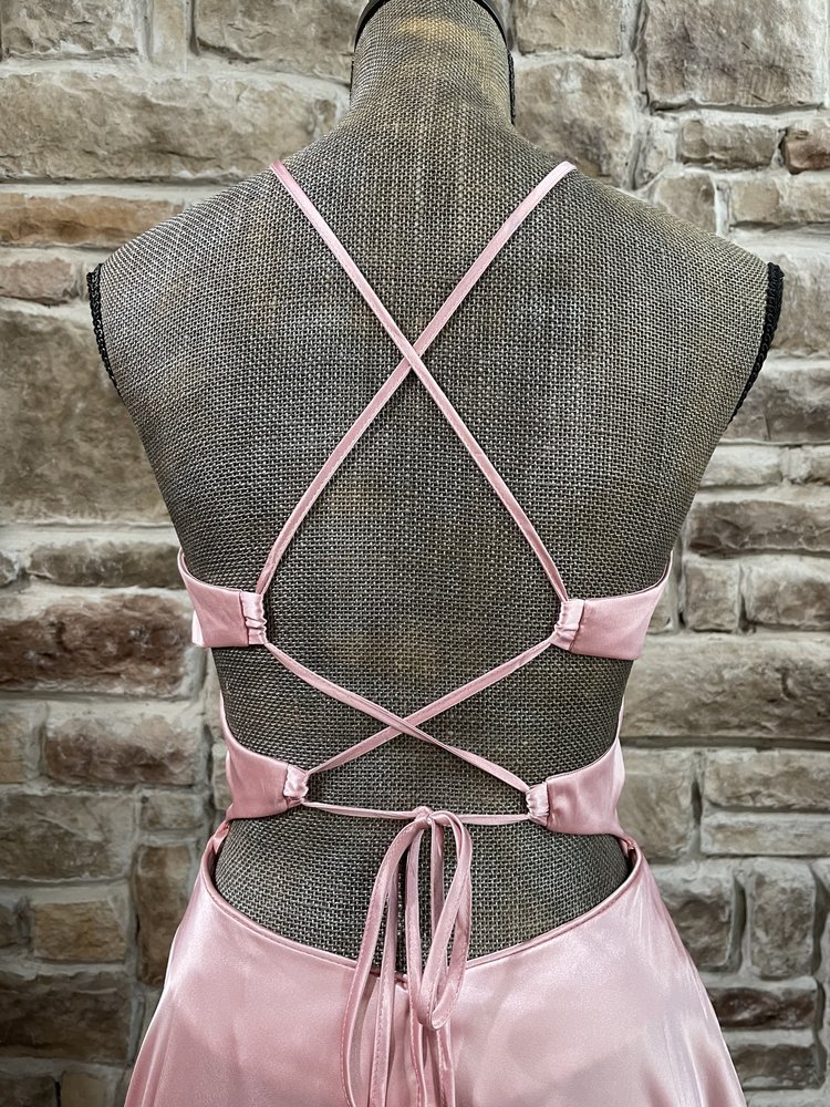 Blondie Nites PInk Satin Halter Strappy Back Gown w/ Pockets