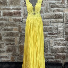 Jovani Yellow Lace Mesh Boho Gown, Size 11/12