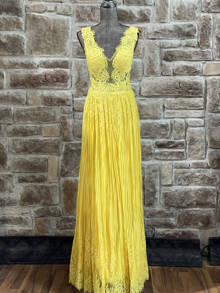 Jovani Yellow Lace Mesh Boho Gown, Size 11/12