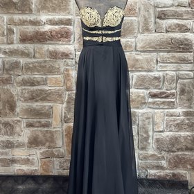 La Femme Black and Gold Wrap Strapless Gown, Size 10