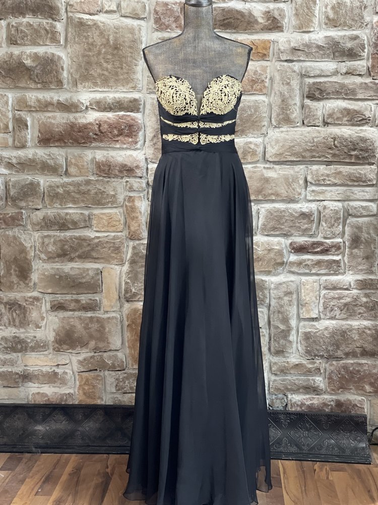 La Femme Black and Gold Wrap Strapless Gown, Size 10