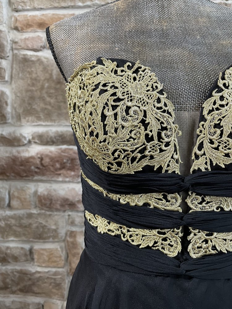 La Femme Black and Gold Wrap Strapless Gown, Size 10