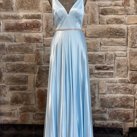 Blondie Nites Blue Satin Rhinestone Waist Gown w/ Pockets, Size 5/6