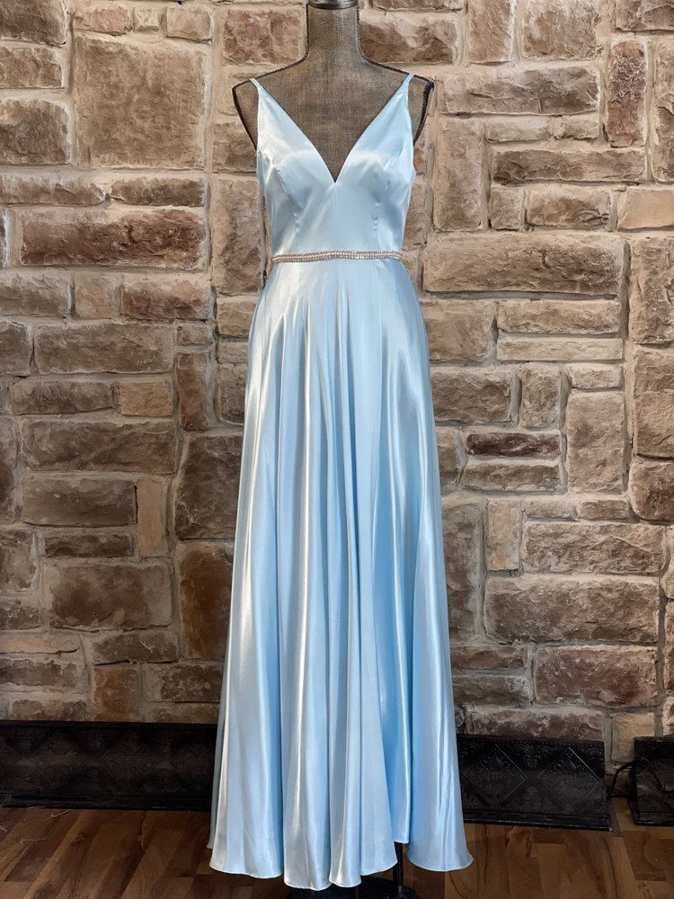 Blondie Nites Blue Satin Rhinestone Waist Gown w/ Pockets, Size 5/6