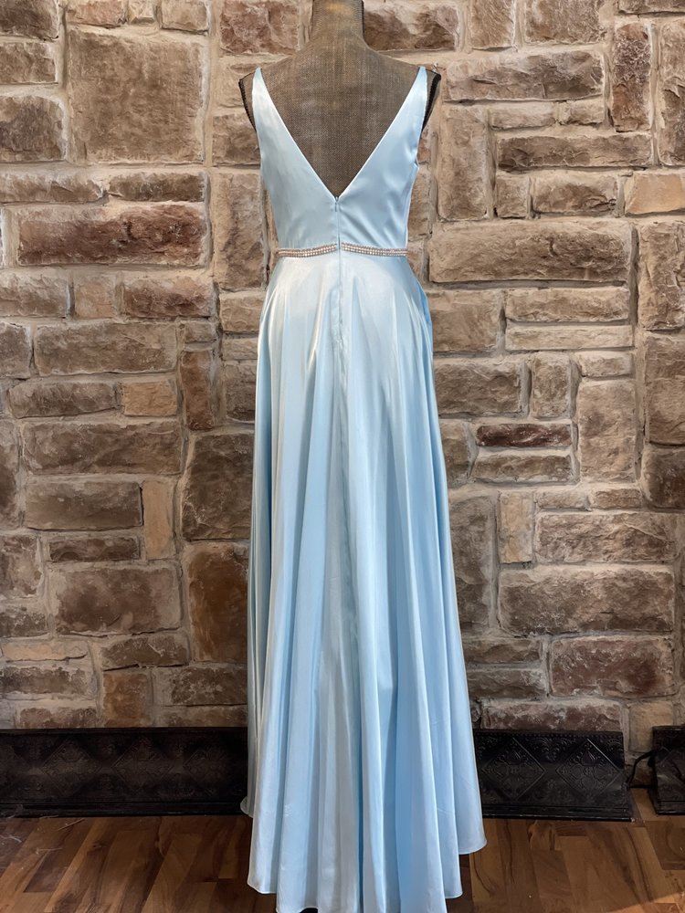 Blondie Nites Blue Satin Rhinestone Waist Gown w/ Pockets, Size 5/6