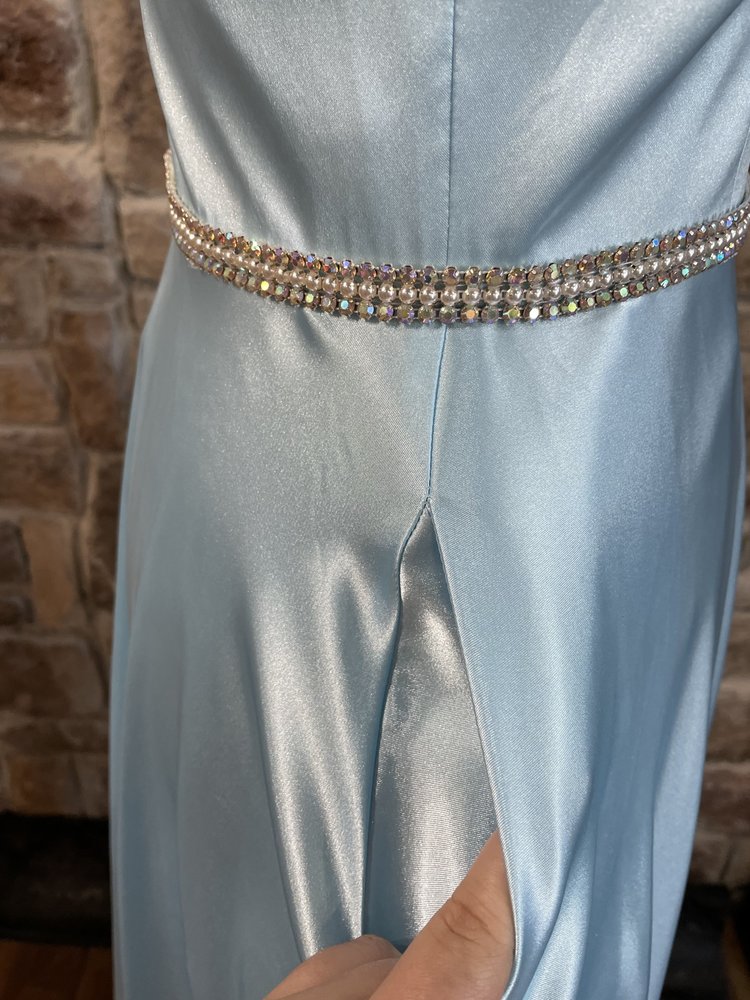 Blondie Nites Blue Satin Rhinestone Waist Gown w/ Pockets, Size 5/6