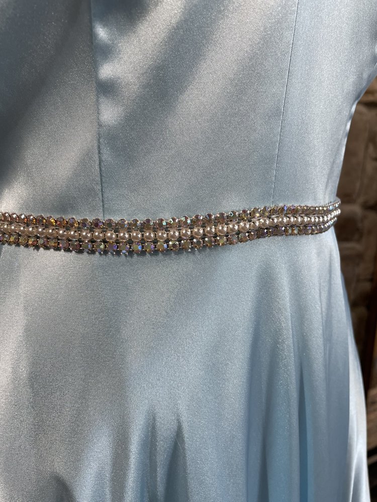 Blondie Nites Blue Satin Rhinestone Waist Gown w/ Pockets, Size 5/6