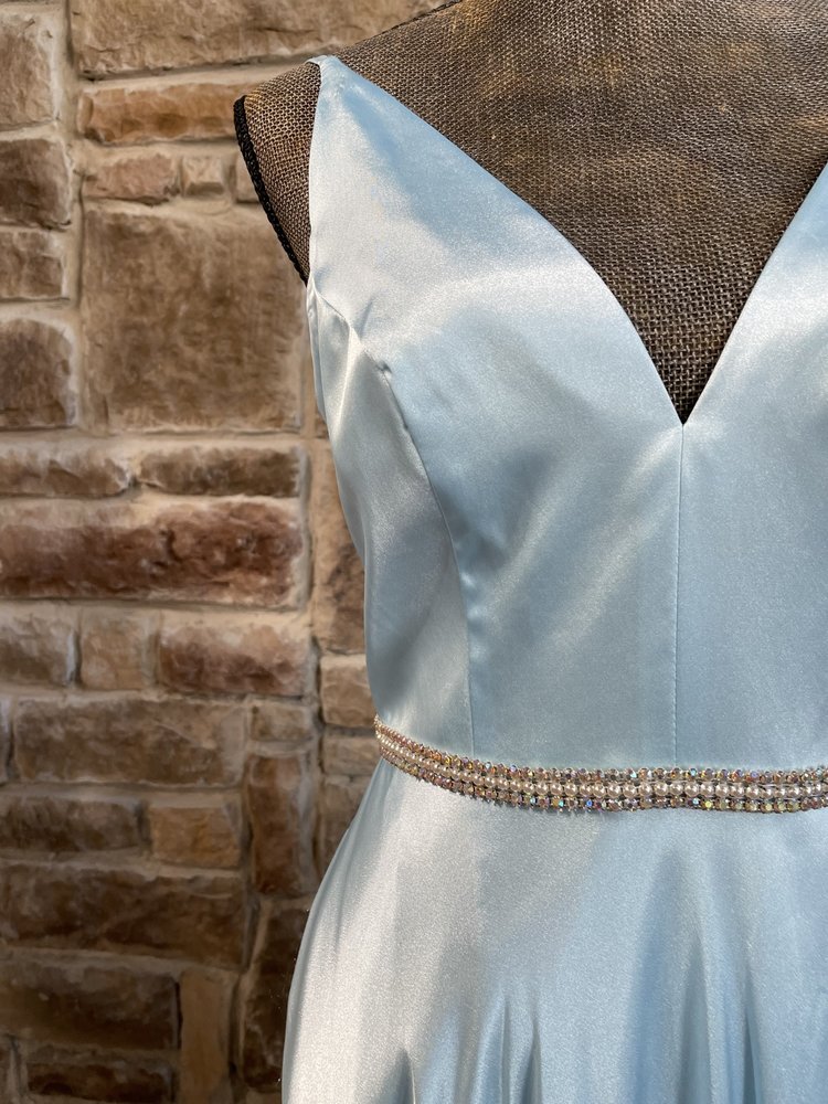 Blondie Nites Blue Satin Rhinestone Waist Gown w/ Pockets, Size 5/6