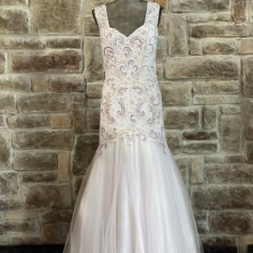 BLUSH White and Lilac Pearl Embellished Mermaid Gown, Size 16