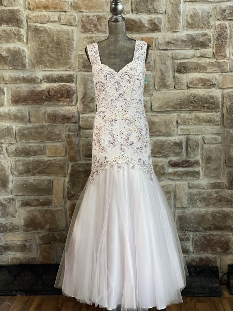 BLUSH White and Lilac Pearl Embellished Mermaid Gown, Size 16