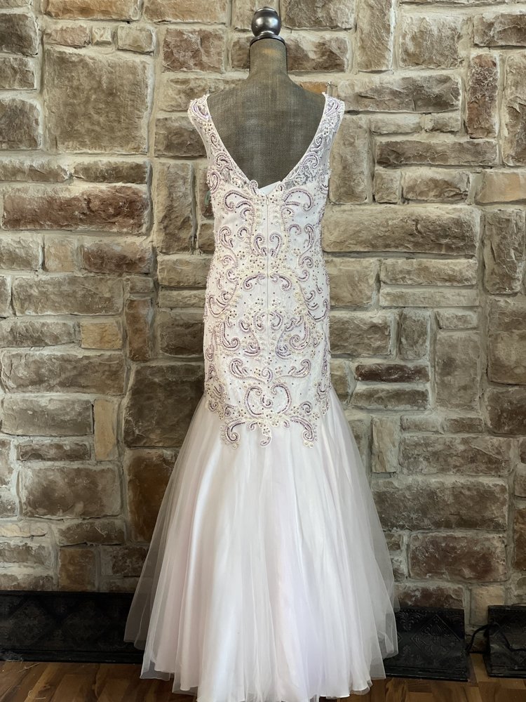 BLUSH White and Lilac Pearl Embellished Mermaid Gown, Size 16