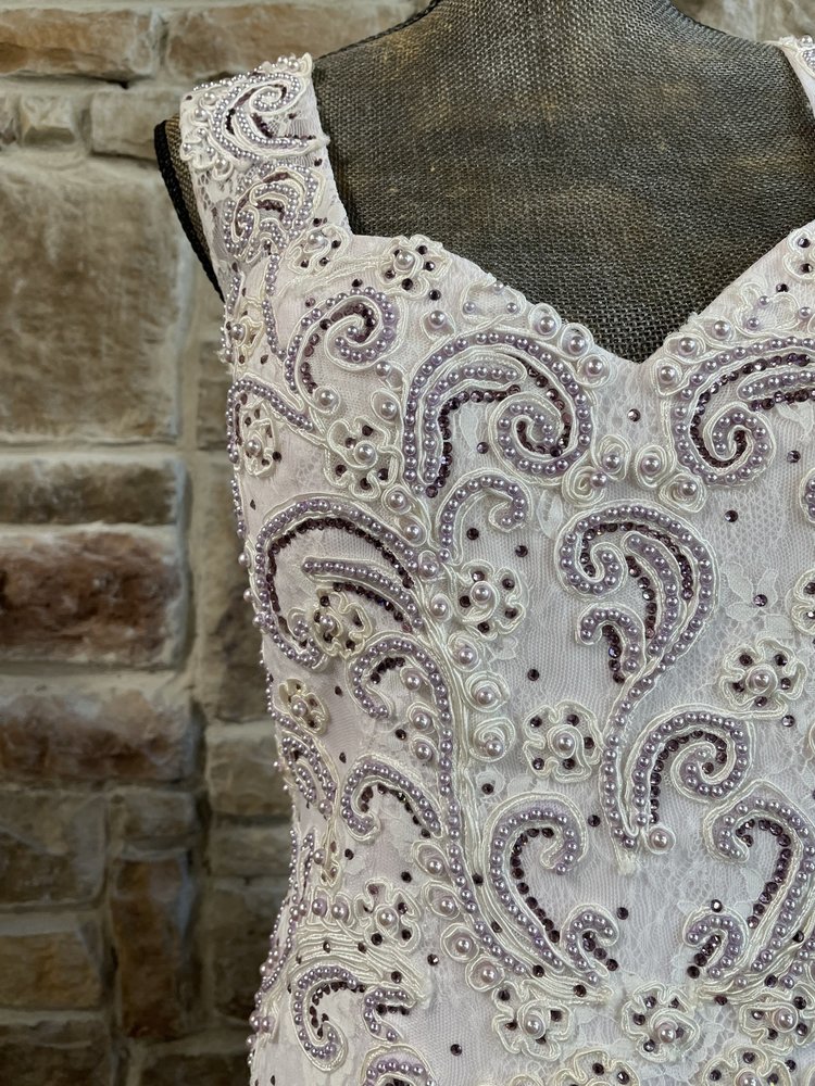 BLUSH White and Lilac Pearl Embellished Mermaid Gown, Size 16