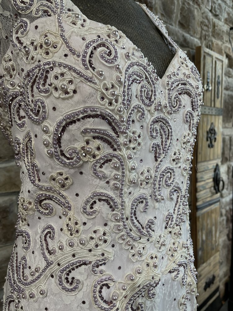 BLUSH White and Lilac Pearl Embellished Mermaid Gown, Size 16