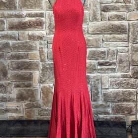 ALYCE Paris Red Rhinestone Halter Gown w/ Full Train, Size 6