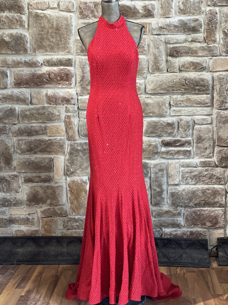 ALYCE Paris Red Rhinestone Halter Gown w/ Full Train, Size 6