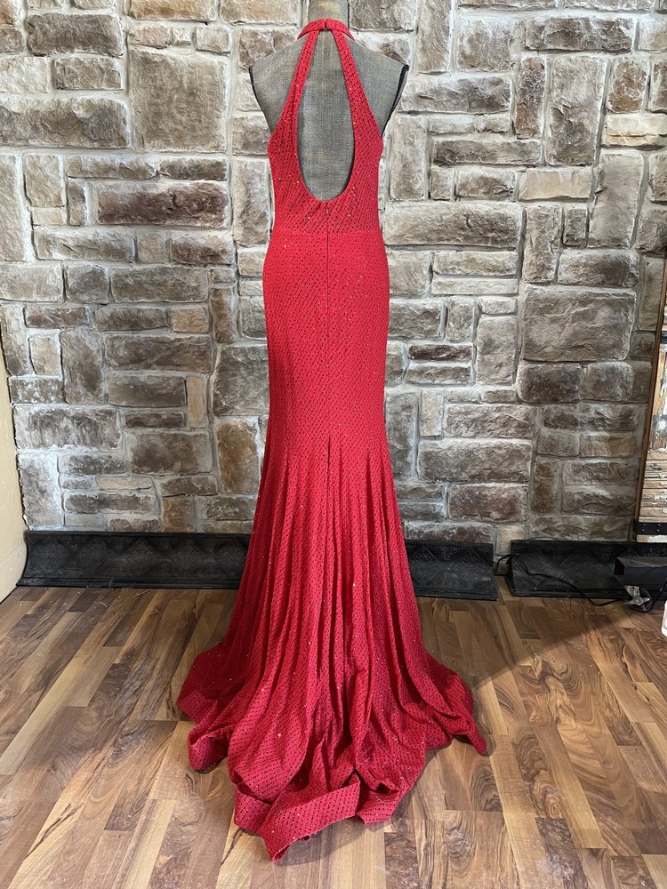ALYCE Paris Red Rhinestone Halter Gown w/ Full Train, Size 6