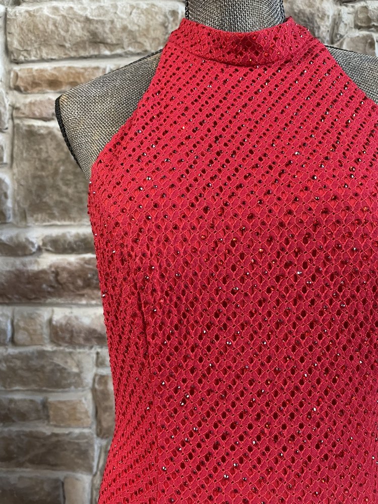 ALYCE Paris Red Rhinestone Halter Gown w/ Full Train, Size 6