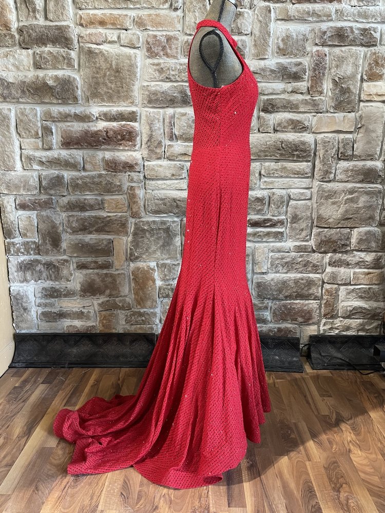 ALYCE Paris Red Rhinestone Halter Gown w/ Full Train, Size 6