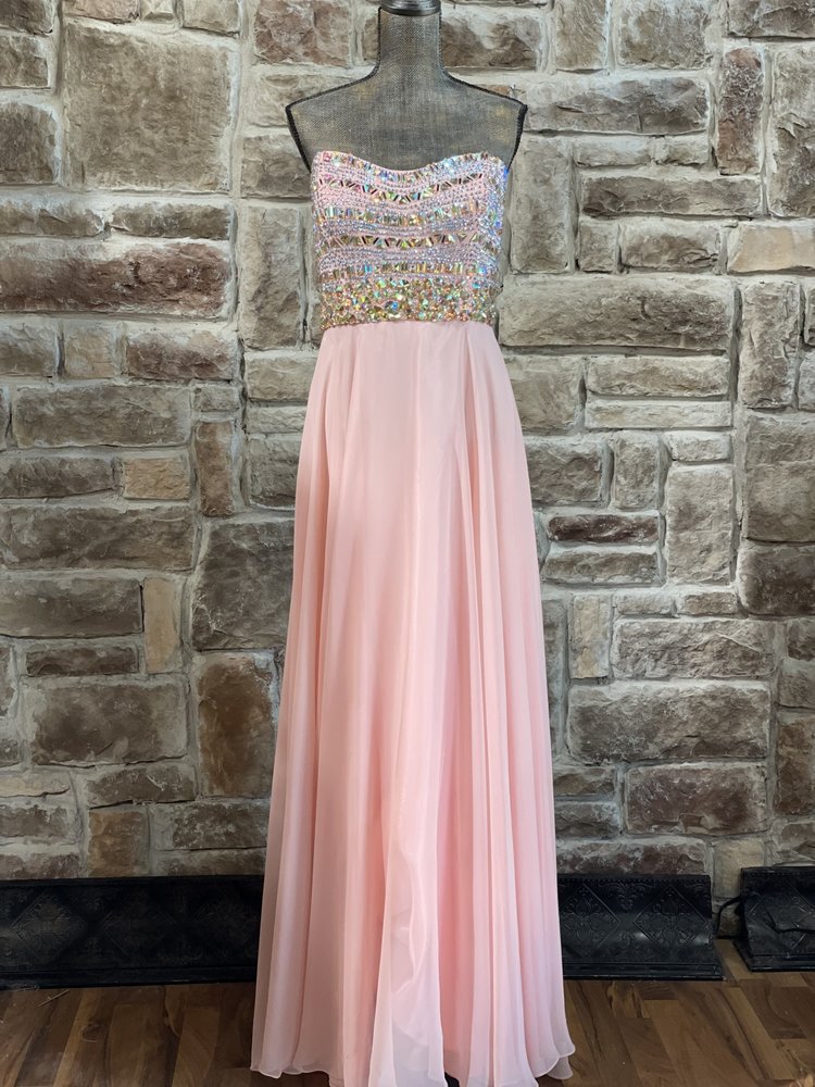 Mori Lee Pink Embellished Bodice Chiffon Gown, Size 17/18