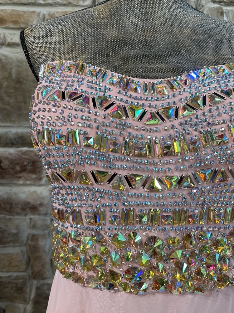 Mori Lee Pink Embellished Bodice Chiffon Gown, Size 17/18