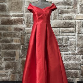 B Darlin Red Box Pleat Off the Shoulder Gown, Size 11/12